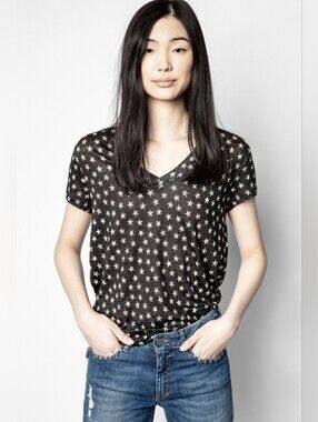 Zadig & Voltaire Black Linen Star-Print Archie Nova T-shirt XS